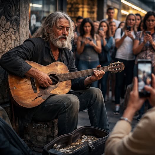 Deux hommes se moquèrent du chanteur de rue et le bousculèrent… mais quelqu’un en noir l’observait déjà, caché derrière la foule.