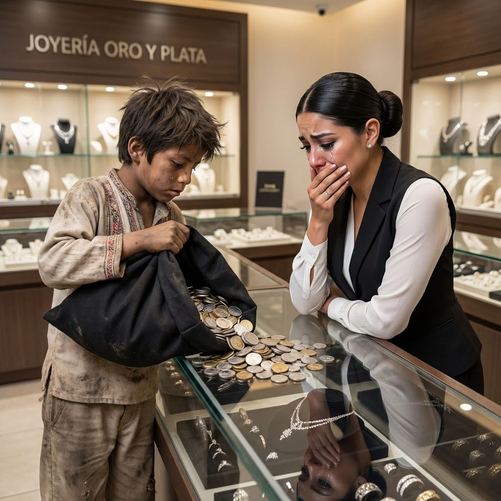 Un garçon en haillons entra silencieusement dans la luxueuse bijouterie et déversa des milliers de pièces froides sur les vitrines étincelantes. Le vigile s’apprêtait à le mettre à la porte, estimant que sa misère était une tache sur la clientèle aisée. Mais à cet instant, le gérant s’arrêta… car les paroles que le garçon venait de prononcer avaient plongé la pièce dans un silence de mort.