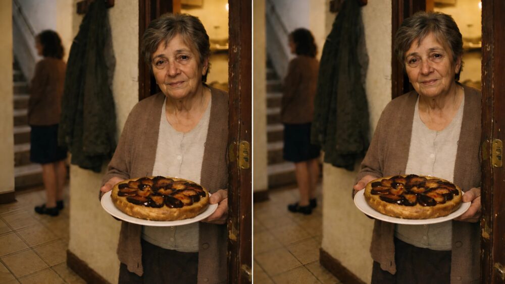 我一動不動地站在前門後面，手裡拿著一塊還溫熱的李子蛋糕，聽著女兒談論我，好像我給她帶來了麻煩。