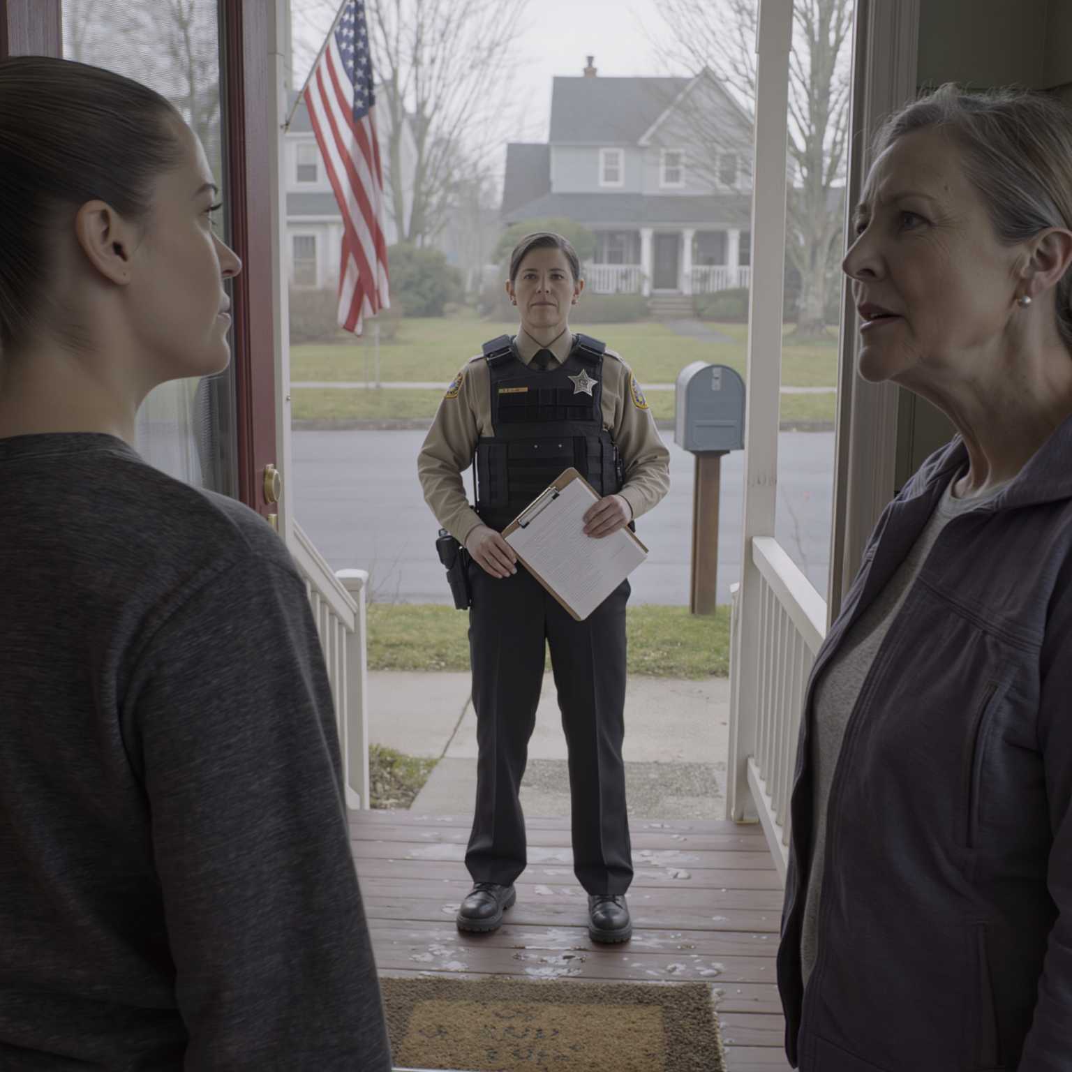 午前6時、ドアを激しく叩く音が響いた。保安官代理が玄関ポーチに立ち、「立ち退き命令」と書かれた書類を手に持っていた。まるで自分の家にいる見知らぬ人のように、私の名前が印刷されていた。両親は通りの向かい側で、静かに、満足げに見守っていた。母は「家族の言う通りにするべきだったわね」と言い、父は「荷物をまとめろ。今日中にやるんだ」と言った。私は叫び声を上げなかった。保安官代理に「誰がこれを提出したのか見せていただけますか？」と尋ねた。彼は一番上の行を確認し、少し間を置いて、そして彼の顔色が変わった…。