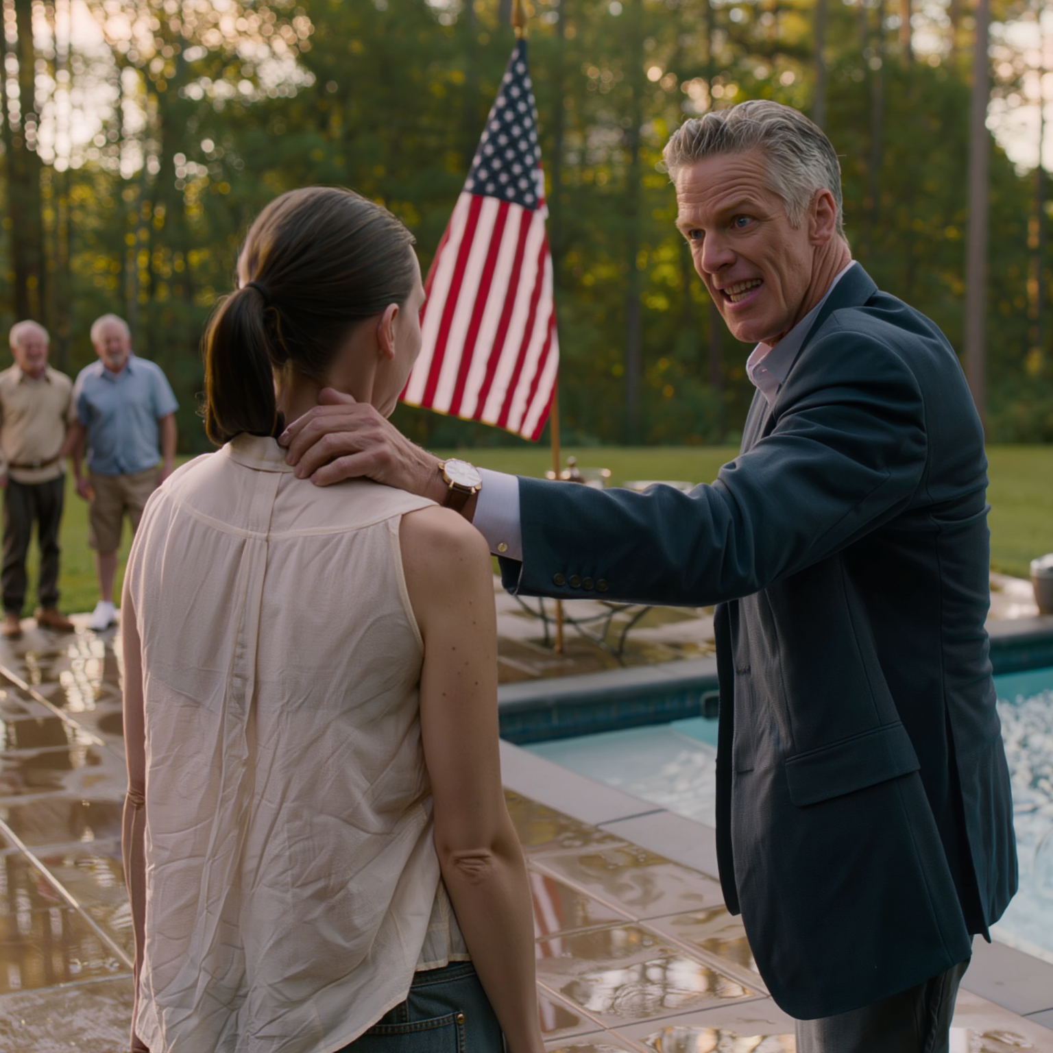 静かな郊外の裏庭でバーベキューをしていた時、妹が突然、まだ制服を着ていた8歳の娘をプールに突き落とした。私は飛び込もうと駆け寄ったが、父が後ろから私の首に腕を回した。母はニヤリと笑った。家族全員がそれを「教訓」と呼んだが、救急医、警察、児童保護サービスは別のものを見ていた。そしてその瞬間から、私は彼らを震え上がらせる静かな計画を始めた。