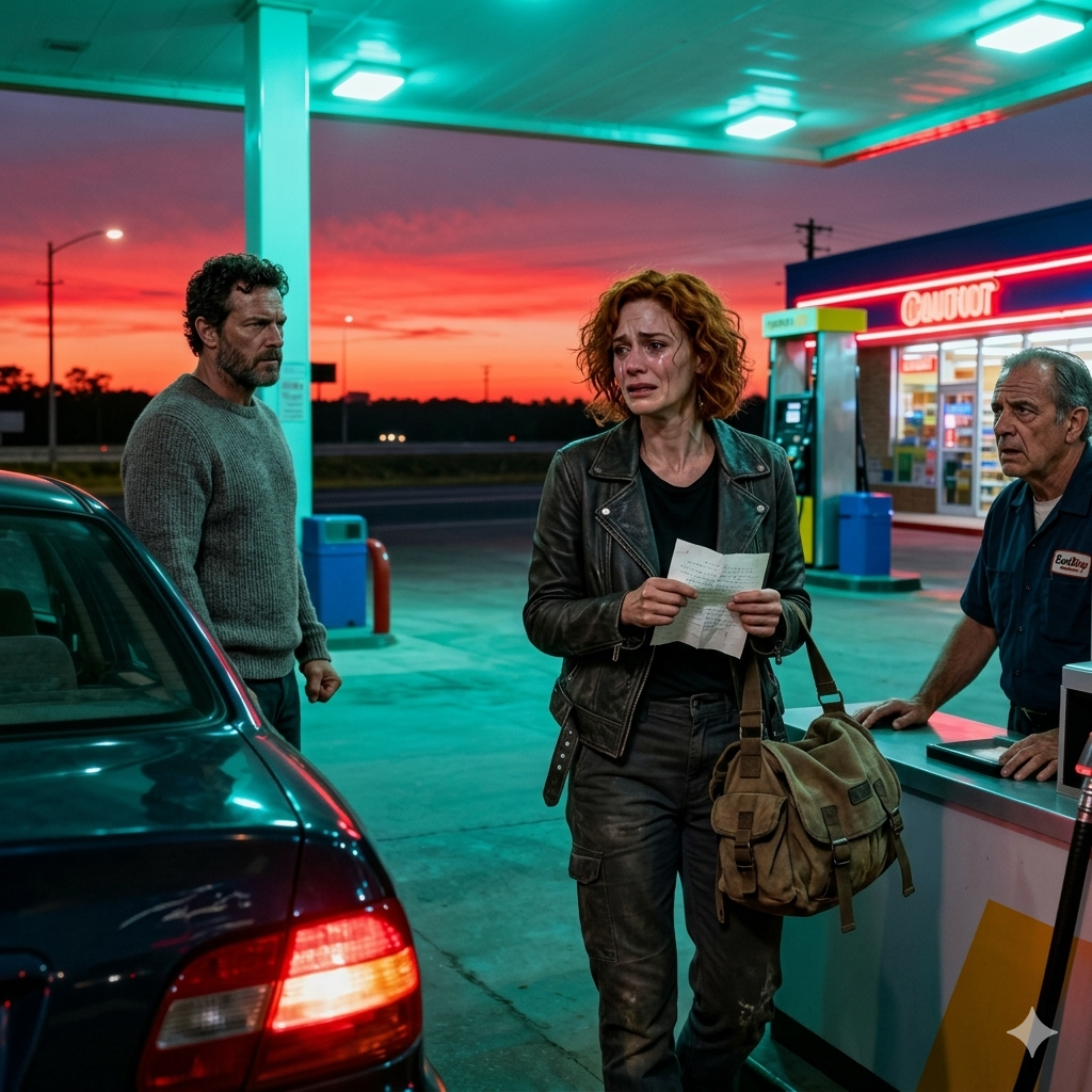 一位加油站職員遞給我一張紙條，上面寫著「現在就跑」。我笑著告訴我丈夫我要去洗手間，然後走開了。我再也沒坐過那輛車——原因至今仍困擾著我。