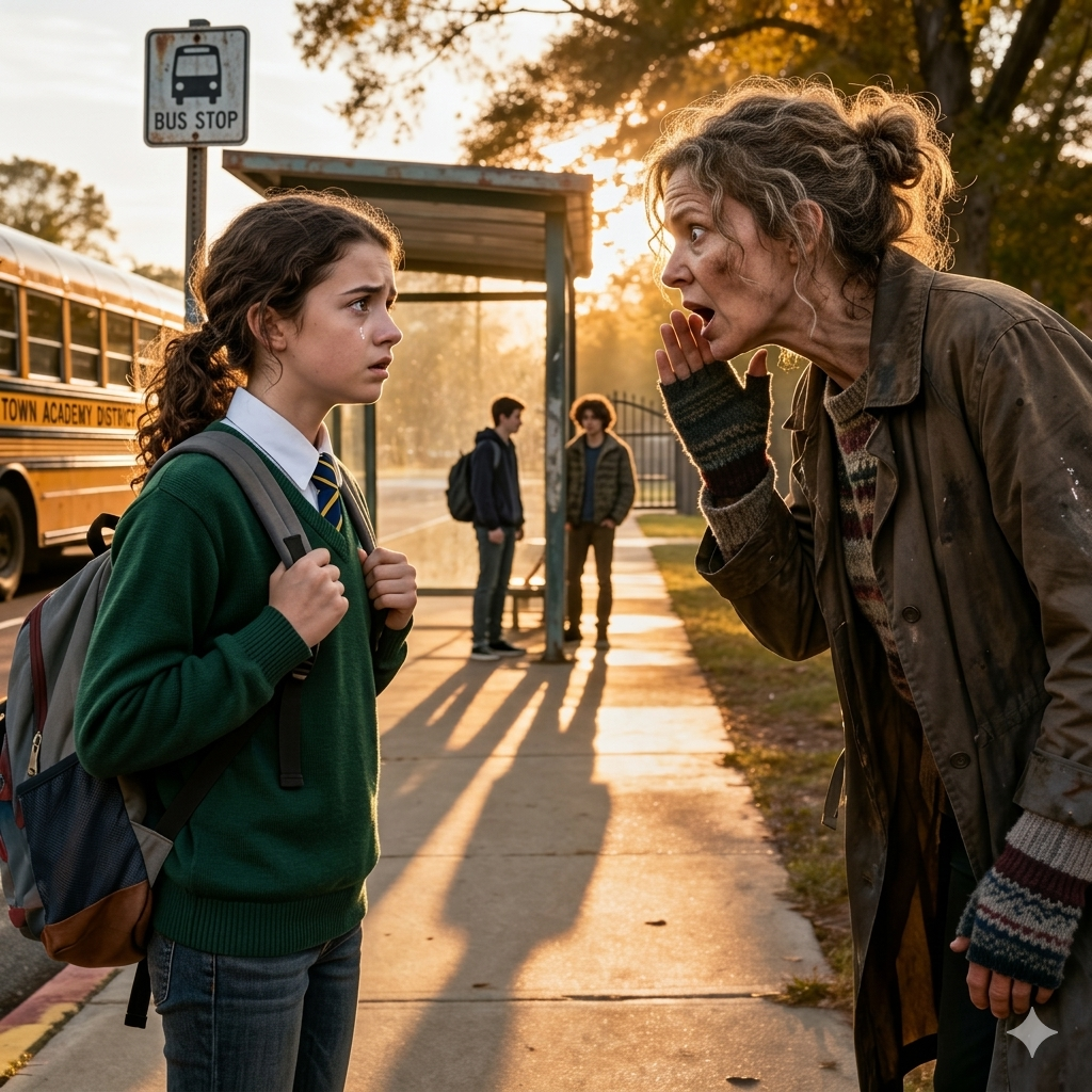 每天放學後，都有一位陌生女子告訴克拉拉她才是真正的母親——直到真相終於浮出水面。  那位女士總是在楓樹街的舊公車站旁等候。  每天下午，當克拉拉·米切爾和朋友們從國中走回家時，她都會從榆樹的陰影中走出來。她的衣服不搭——即使在溫暖天氣也穿著過大的外套，手套磨損，頭髮綁得太緊。每次她都說同樣的話，從不例外。  「克拉拉，」她輕聲呼喚，目光緊盯著她。「我才是你真正的母親。」 起 初，克拉拉笑著帶過。她的朋友們也一樣。  「別理她，」艾瑪低聲說。「她瘋了。」  但那女人沒有大喊大叫或威脅。她從未碰過克拉拉。她只是用令人不安的冷靜說話，反覆講述讓克拉拉胃部翻攪的細節。  「你以前聽到警笛聲會哭，」那位女士有一天下午說。 「你討厭豌豆。你叫它們綠色石頭。」  克拉拉僵住了。  她從未告訴過任何人這件事。  「別這樣，」克拉拉厲聲說。「你不認識我。」  那女人帶著一絲哀傷的微笑。「你也常這麼說。」  老師們也被告知了這件事。學校向家長發出警告郵件。克拉拉的父親丹尼爾·米切爾（Daniel Mitchell）不以為意。  「一個不穩定的女人，」他說。「她無害。」  但當克拉拉開始注意到這些模式時，她並不覺得自己無害。  這位女士從未缺席過一天。她知道克拉拉的行程。她知道克拉拉什麼時候會留下來練習樂隊。她知道克拉拉的母親——她的養母——小時候用的綽號。  有一天下午，那女人比平常更靠近了一步。  「他們告訴你你母親去世了，」她輕聲說。「他們說謊了。」  克拉拉的心跳加速。「我媽媽死於車禍。」  「他們是這麼告訴你的，」那女人回答。「但我就站在這裡。」  那天克拉拉跑回家，鎖上門。她翻閱舊相簿——醫院手環、之前幾乎沒注意到的收養文件。  三歲時被收養。  她的父母總說這不重要。  當晚，克拉拉質問了她的父親。  「那個女人是誰？」她質問。「她為什麼會知道我的事情？」  丹尼爾的臉色變得蒼白。  「她生病了，」他說得太快。「別聽她的。」  但克拉拉從他的眼中看到了恐懼。  隔天下午，那位女士沒有在公車站等。  她跟著克拉拉。  當她靠近，低聲說：「他們把你從我身邊奪走了，」克拉拉意識到一件可怕的事。  這不是陌生人。  而真相比她想像的還要糟糕…