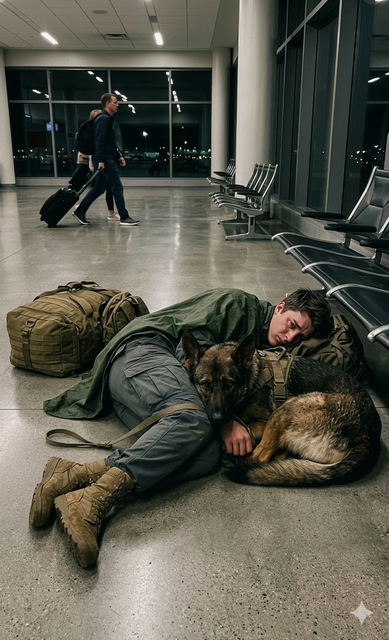 在日出前的靜謐時光裡，空蕩蕩的機場航站樓裡，一名士兵靜靜地躺在冰冷的地板上，他的愛犬寸步不離地守在他身邊，無論多少旅客來來往往——人們最初在網上分享的，是這感人至深的忠誠瞬間，但漸漸地，一個無人預料到的真相開始浮出水面。