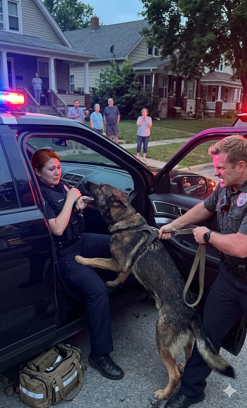 就在一輛警車閃著警燈準備駛離一條安靜的街道時，一隻德國牧羊犬突然猛地撞向車門，狂吠不止，以至於路過的陌生人都停下了腳步——幾秒鐘後，整個街區陷入了令人不安的寂靜。