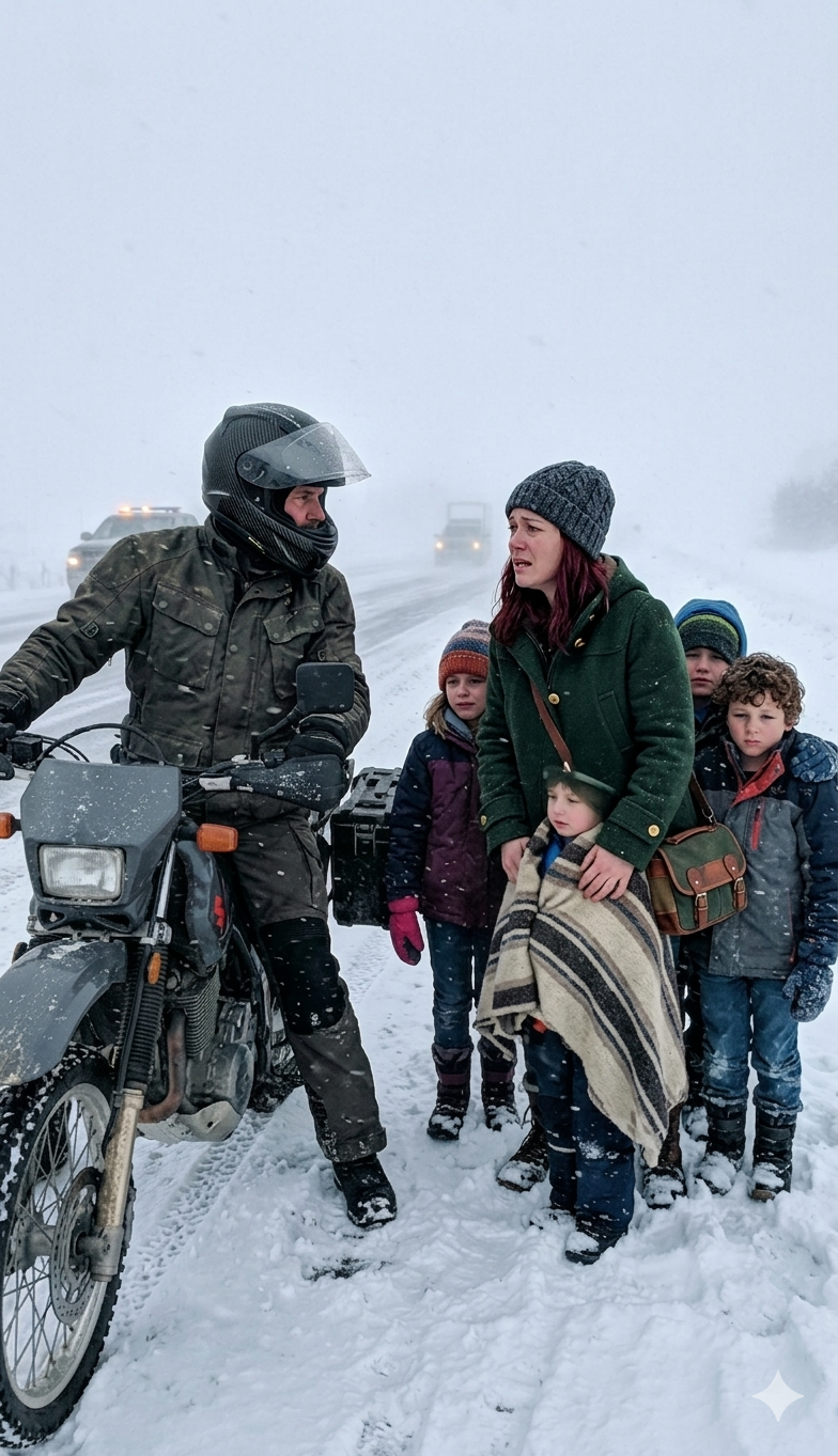 一場無情的暴風雪吞噬了空曠的公路，一位絕望的單身母親艱難地帶著四個凍得瑟瑟發抖的孩子在雪地裡艱難前行，他們已經無處可去。這時，一位沉默的摩托車騎士放慢車速，停在他們旁邊，說了一些簡單卻又出乎意料的話，以至於他們誰也沒有意識到，他們的生活即將發生翻天覆地的變化。