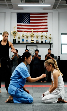 彼女は淡い青のスクラブを着て道場に入り、次のシフト前に十代の少年の負傷した手首を包帯で巻いて外傷科に戻ることだけを計画していた。しかし、道場で最も声の大きい黒帯が残酷さを見せつけるパフォーマンスに変えたとき、静かな看護師はマットに踏み出し、すべてを変えた。その後に起こったのは単なる投げ技ではなく、エゴ、偽りの強さ、そして賞賛と尊敬が同じものだという危険な嘘が公に暴かれる出来事だった。