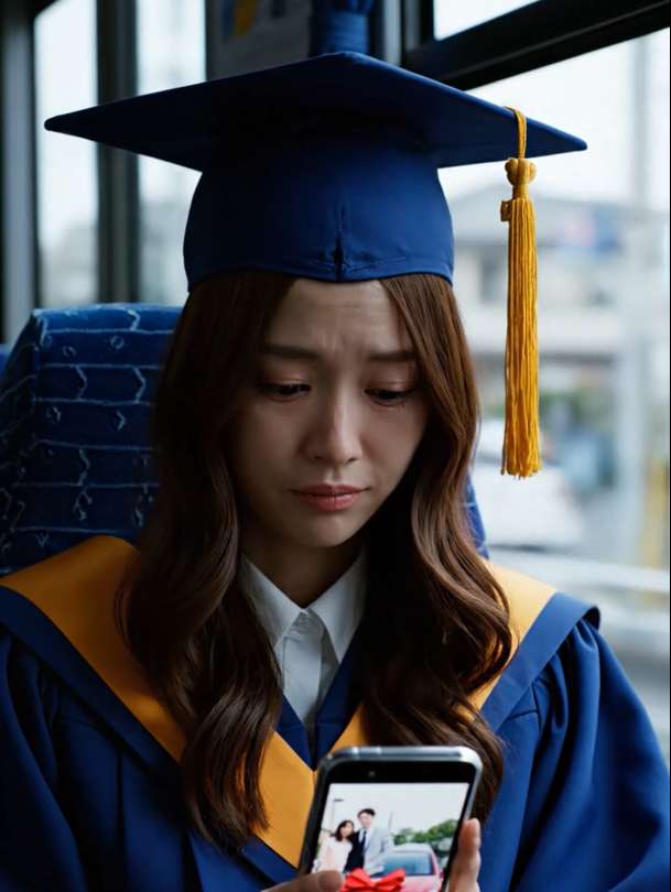 ‘Take the bus,’ Dad said indifferently. ‘That car is for your sister.’ While they celebrated my sister in the yard with photos and a big red bow on the hood, I took the city bus to school alone. Hours later, during the ceremony, the dean stopped on the podium and said, ‘And now… our youngest billionaire has graduated…’ the whole auditorium fell silent and that’s when my parents dropped out.