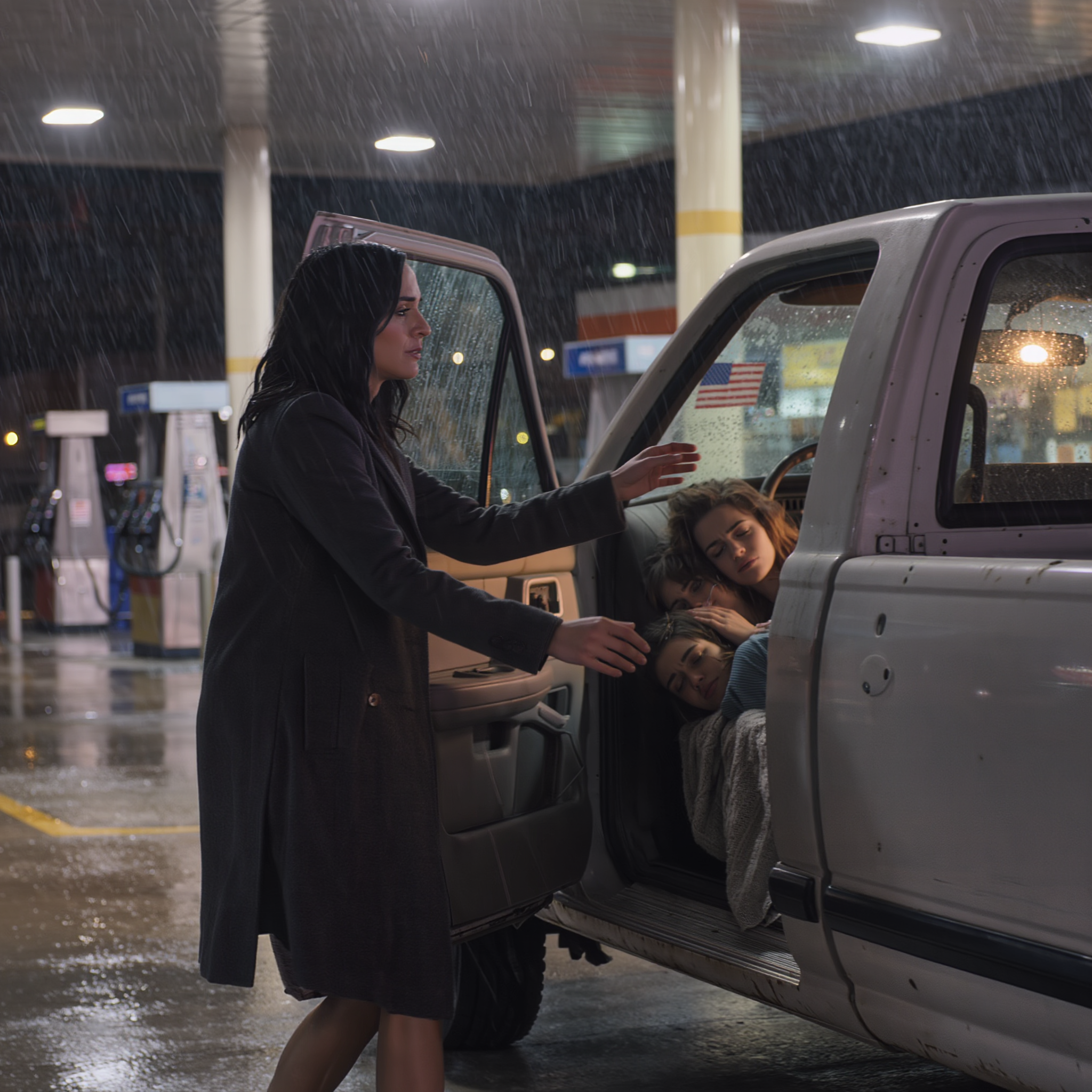 別のガソリンスタンドで、娘がトラックの荷台で眠っているのを見かけた。赤ちゃんも娘のそばで丸まって寝ていた。私は優しく娘を揺り起こし、「私が買ってあげたアパートはどこ？」と尋ねた。娘はわっと泣き出し、「彼と彼の母親は、私には何も言う権利がないって言うの…それに、赤ちゃんを連れて出て行けって言うの」とささやいた。私は怒鳴ったり、言い争ったりしなかった。ただ「私の車に乗りなさい。今すぐ」と言っただけだった。