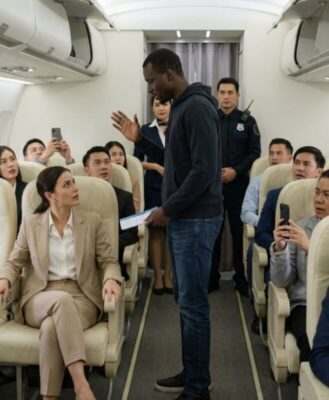 “她坐到了他的頭等艙座位上——然後當他平靜地說：‘這家航空公司是我的。’時，她愣住了。”