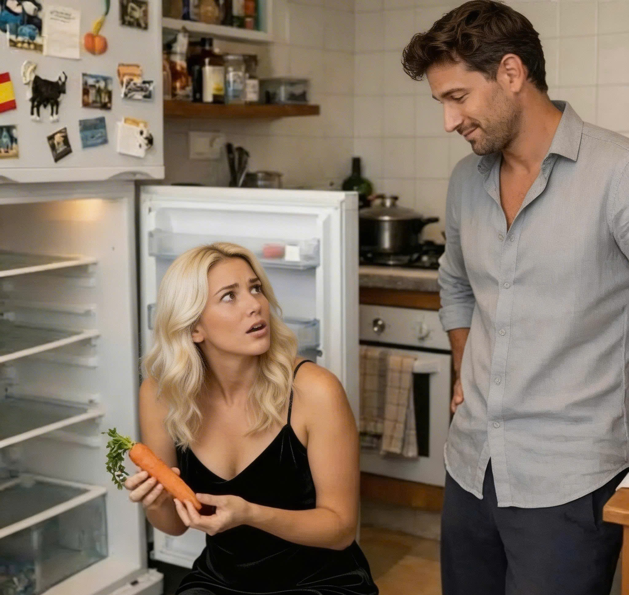 アナは冷蔵庫の棚を拭いていたとき、突然誰かが自分の後ろに立っているのを感じた。振り向くと、夫が台所のドアに立っているのが見えた。